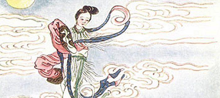 Chang'e ascending to the moon (illustration by E.T.C. Werner (Myths and Legends of China) 1922. An old illustration of Chang'e ascending to the moon with tongues of cloud flapping around her