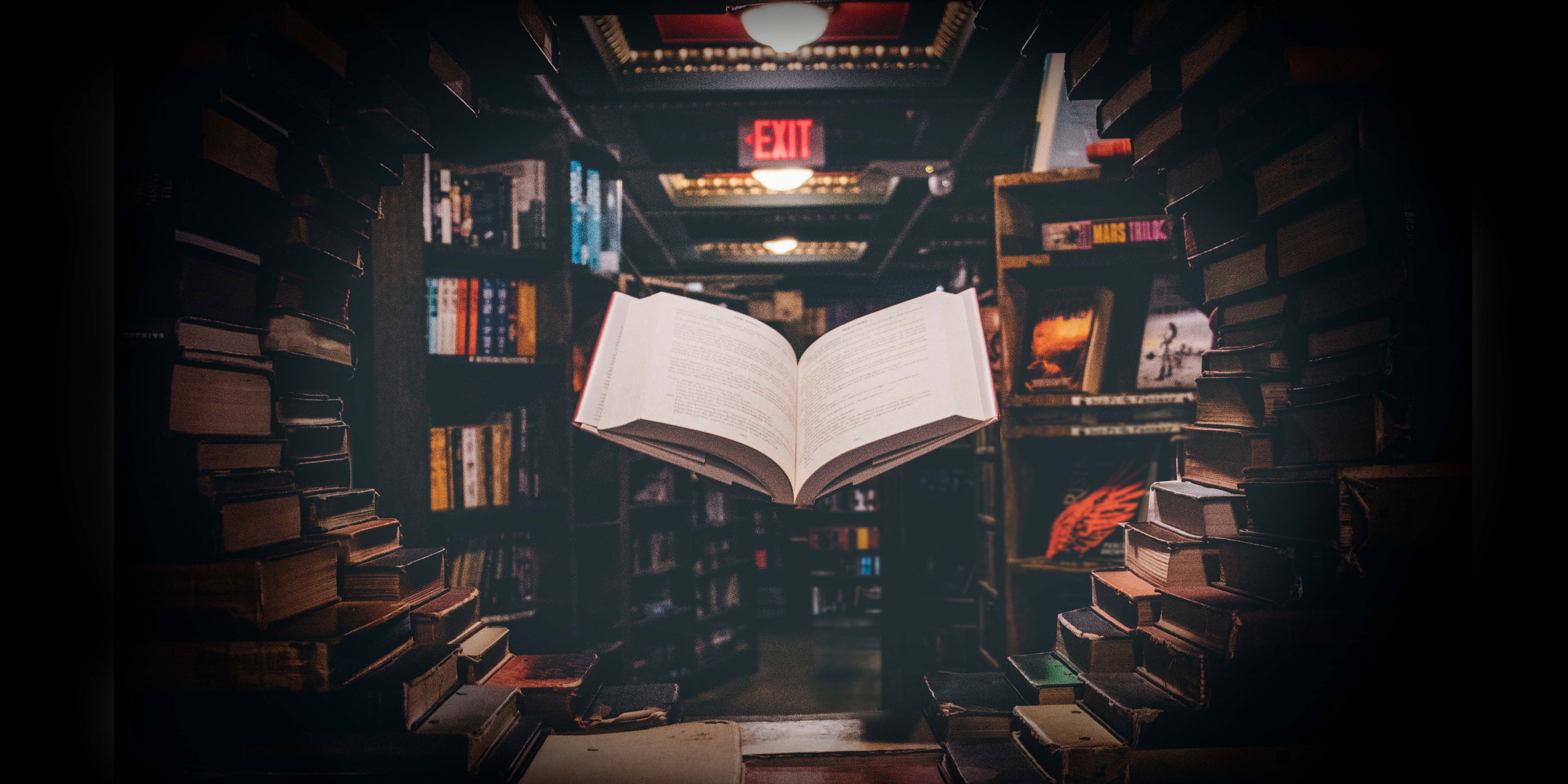 A back-lit book hovers in a dimly lit library