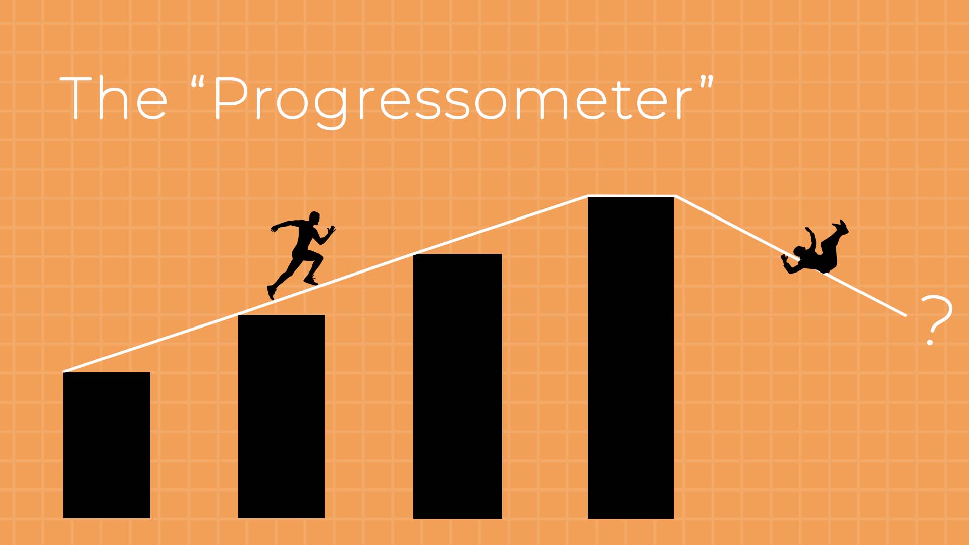 A visualisation of progress, a man running and then sliding down a graph