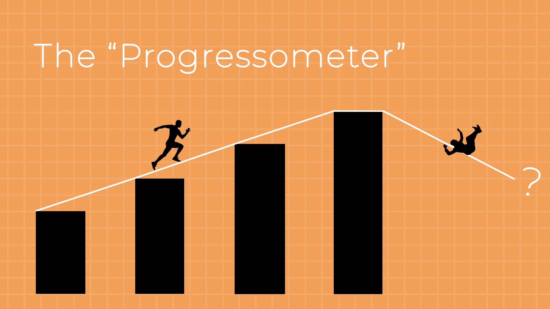 The Progressometer A visualisation of progress, a man running and then sliding down a graph